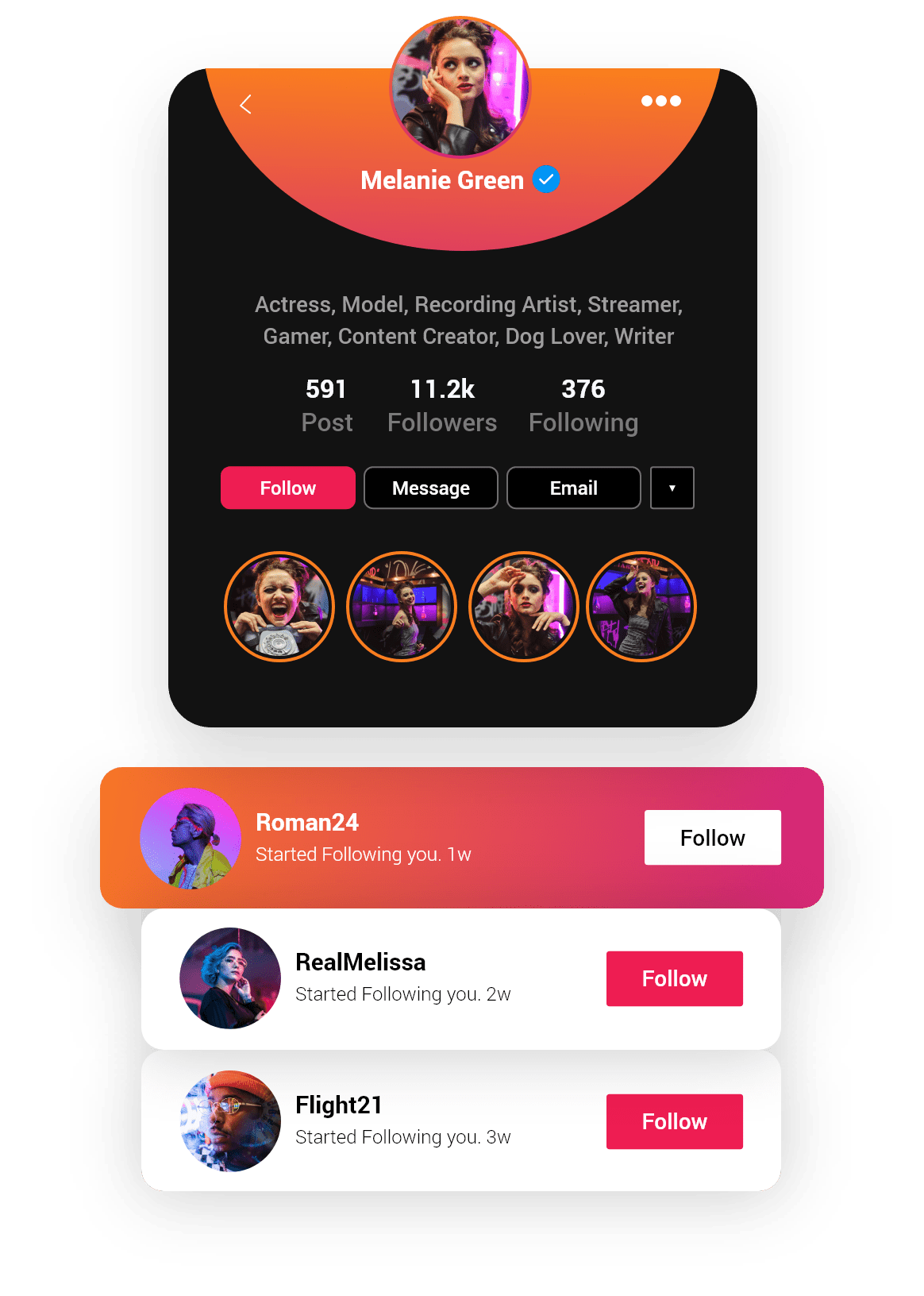 tools_ft_img@2x | Path Social Captura de pantalla del perfil en redes sociales de una usuaria llamada Melanie Green, que indica que es jugadora, creadora de contenidos, amante de los perros, streamer y artista, con historias destacadas y seguidores recientes.