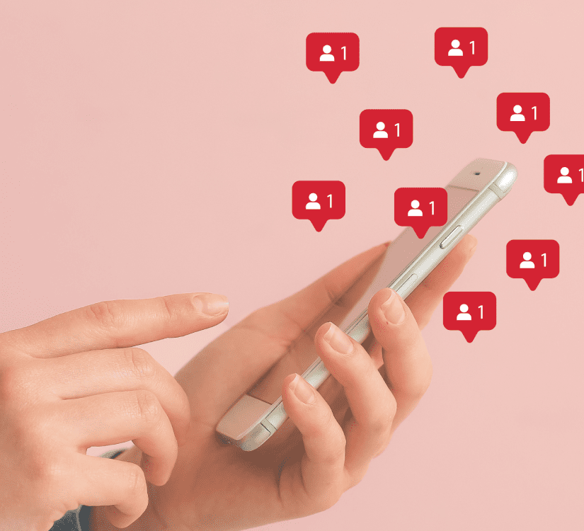 Rectangle-5png | Path Social Path Social’s graphic of a person holding a smartphone and looking at follower growth, visualized by floating follower icons.
