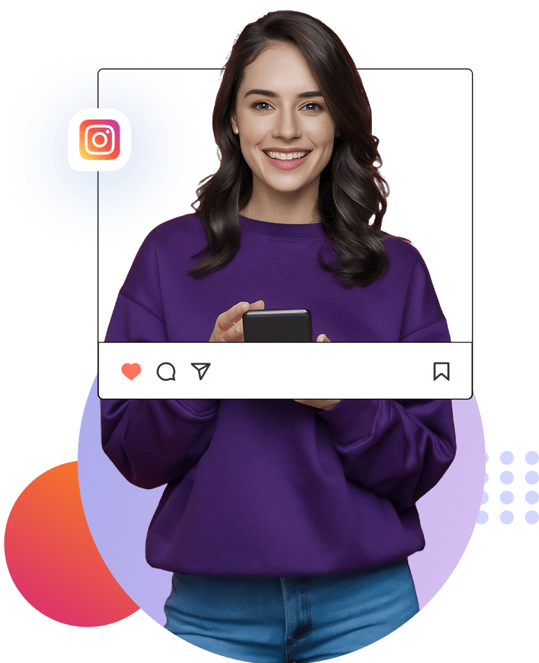 Group-1000005280-1-1png | Path Social رسم بياني Path Social لامرأة مبتسمة تحمل هاتفاً، مع عرض إطار على Instagram وزيادة عدد المتابعين.