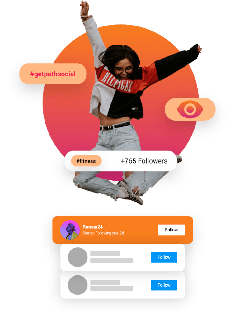 A joyful person celebrating an increase in social media followers with a dynamic, mid-air pose against a vibrant background, accompanied by social media-themed graphics and hashtags