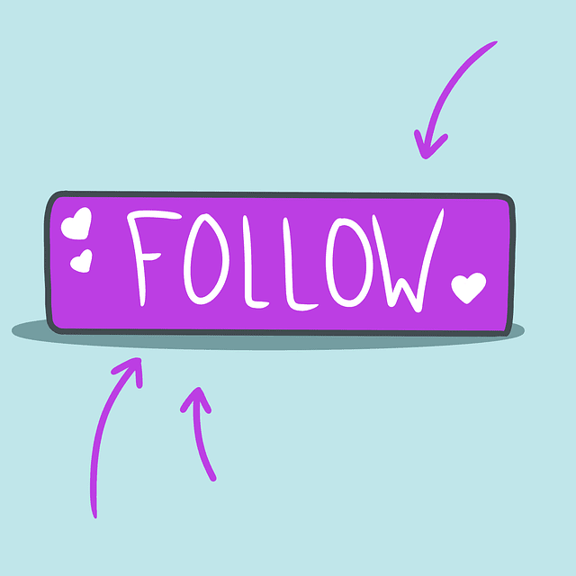 An illustration of a purple follow button with white hearts and arrows pointing to it.