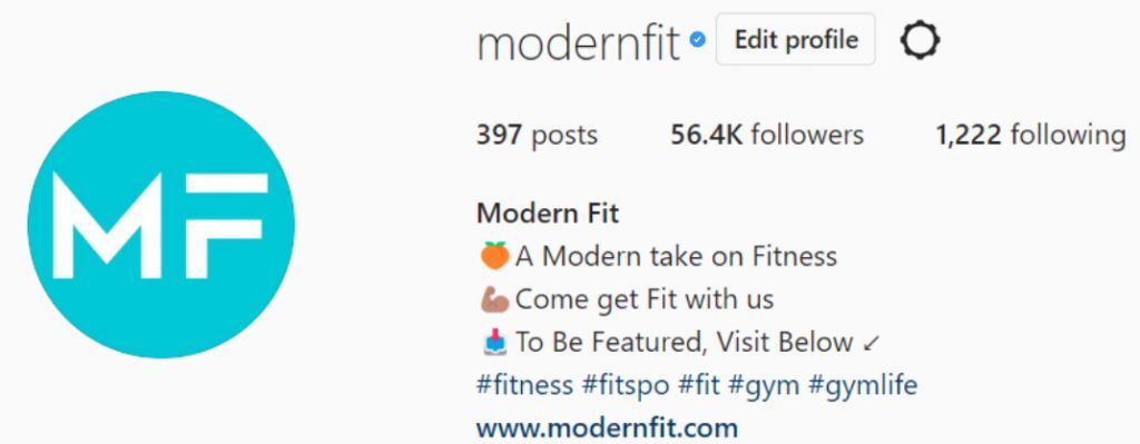 Screenshot della pagina Instagram di modernfit che mostra il link www.modernfit.com nella biografia. 