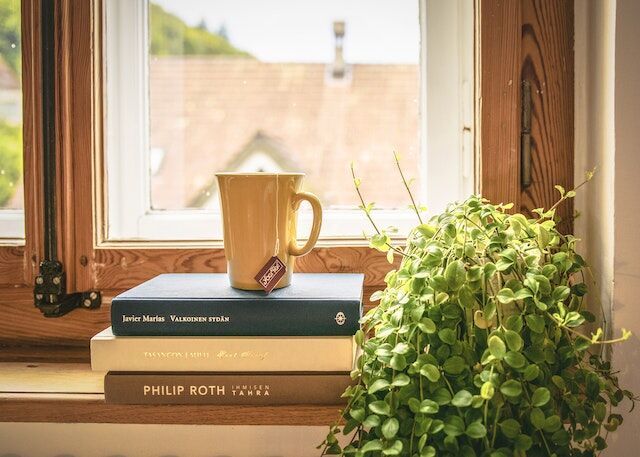 本とマグカップの横に置かれた緑の葉の植物
